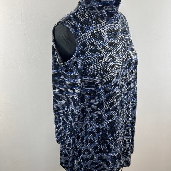 CLARA SUN WOO Blue Black XS Cold Shoulder Top Turtleneck 3/4 Sleeve Pullover - Picture 4 of 7